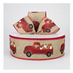 2.5 Inch Fall Harvest Ribbon - Red Truck with Pumpkins Burlap Wired Ribbon